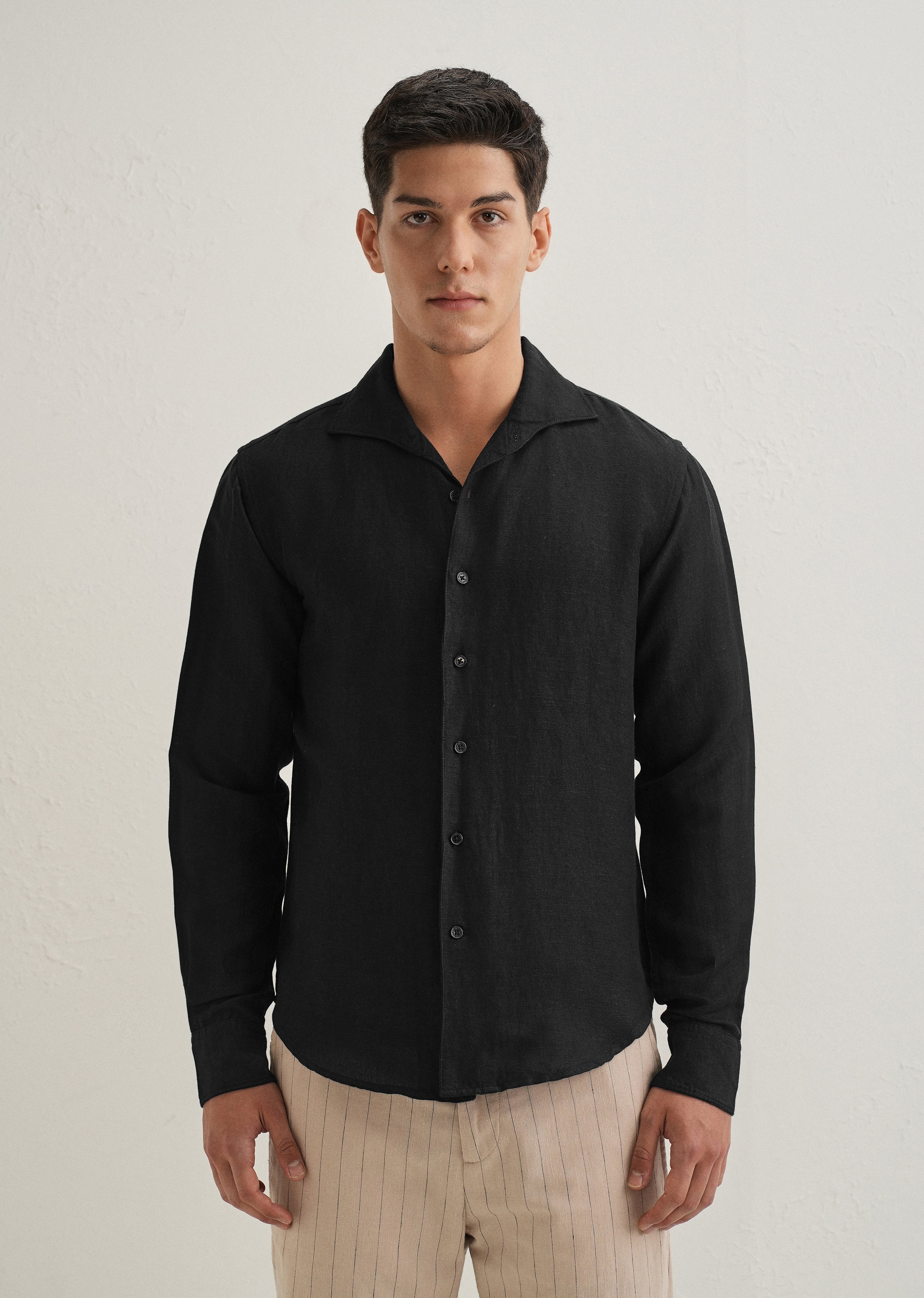 Black Plain Linen Viscose Shirt