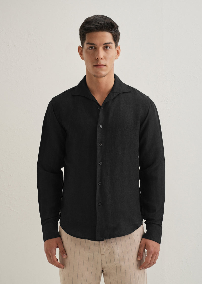 Black Plain Linen Viscose Shirt