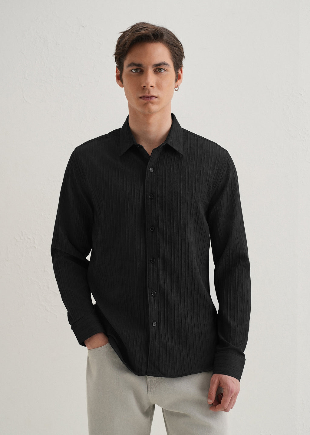 Black Plain Self Striped Shirt