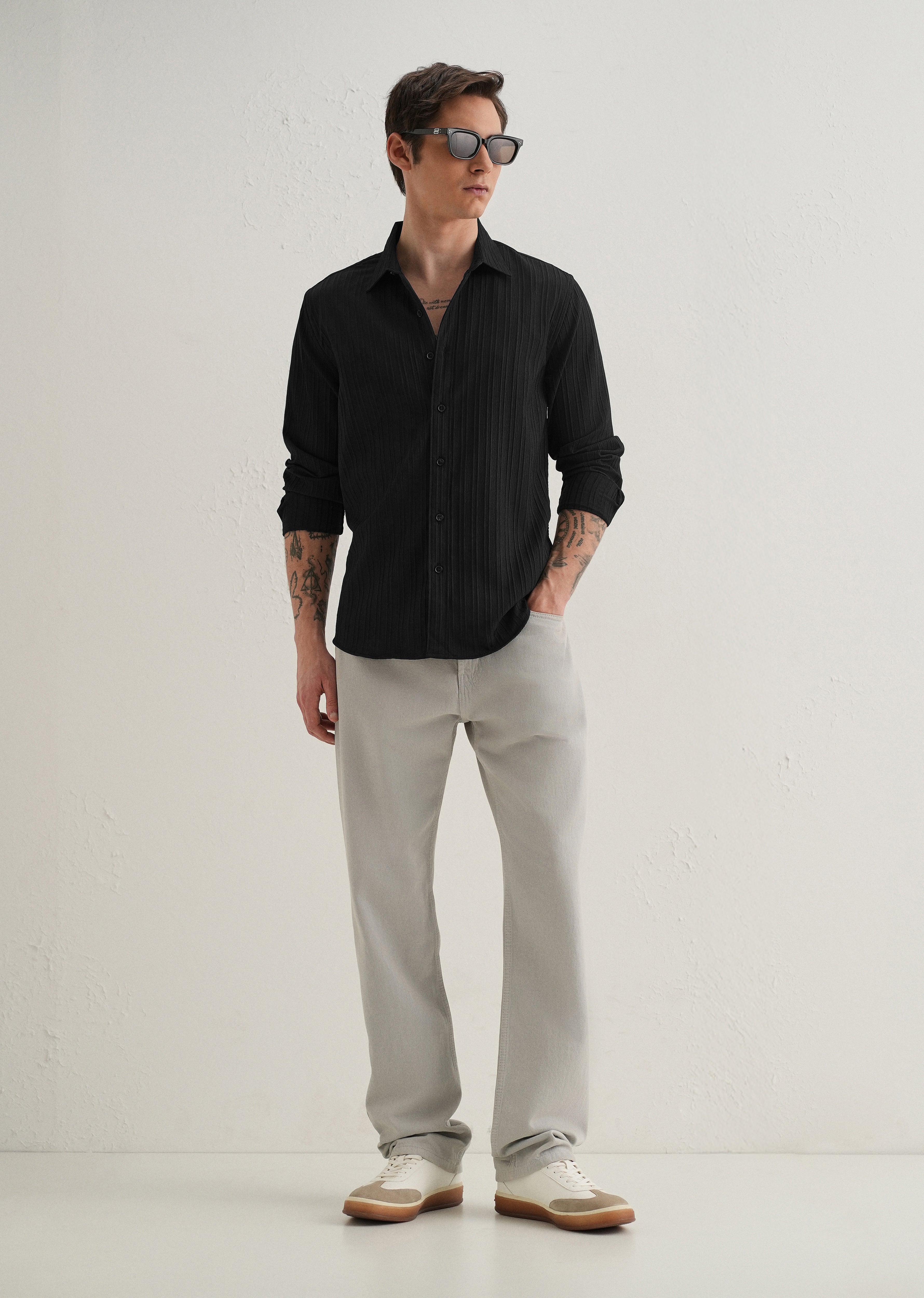 Black Plain Self Striped Shirt
