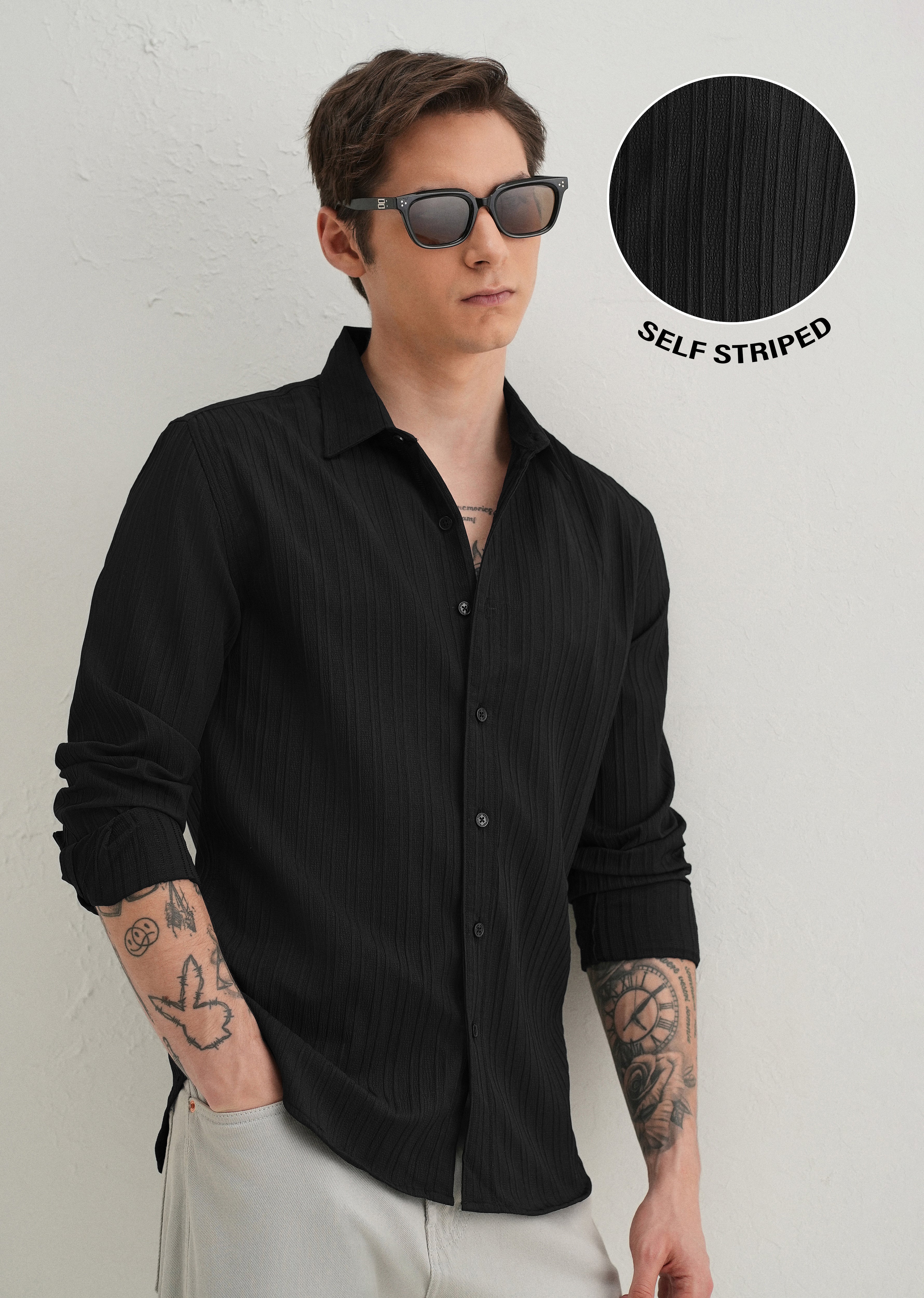 Black Plain Self Striped Shirt
