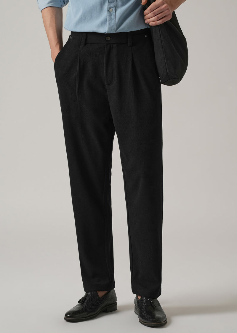 Black Textured Pleated Relaxed Fit Pant