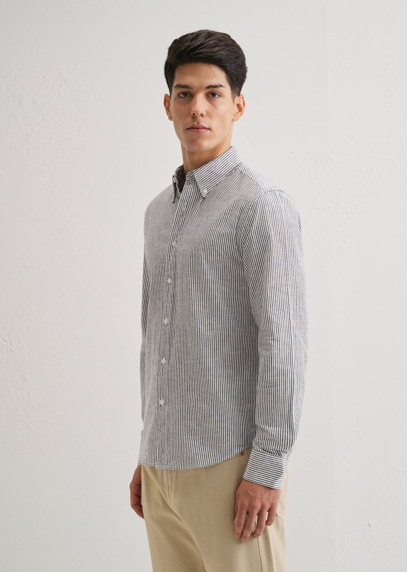Black Striped Cotton Linen Shirt