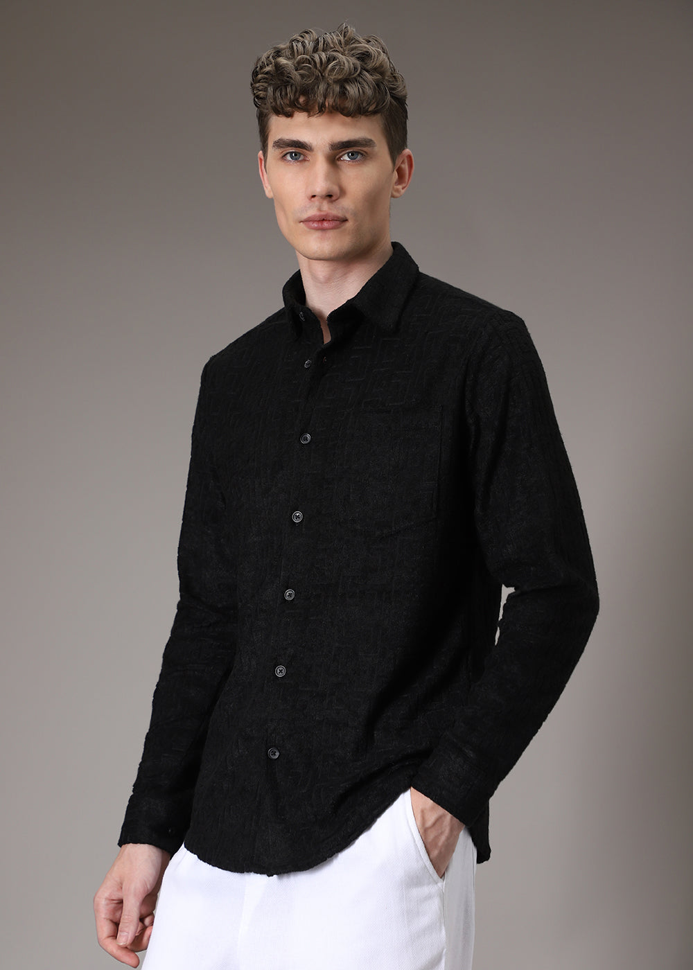 Black Plain Jacquard Knitted Shirt