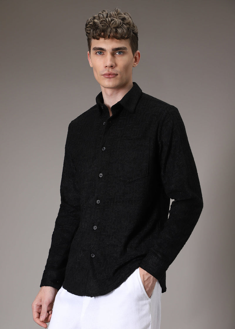 Black Plain Jacquard Knitted Shirt