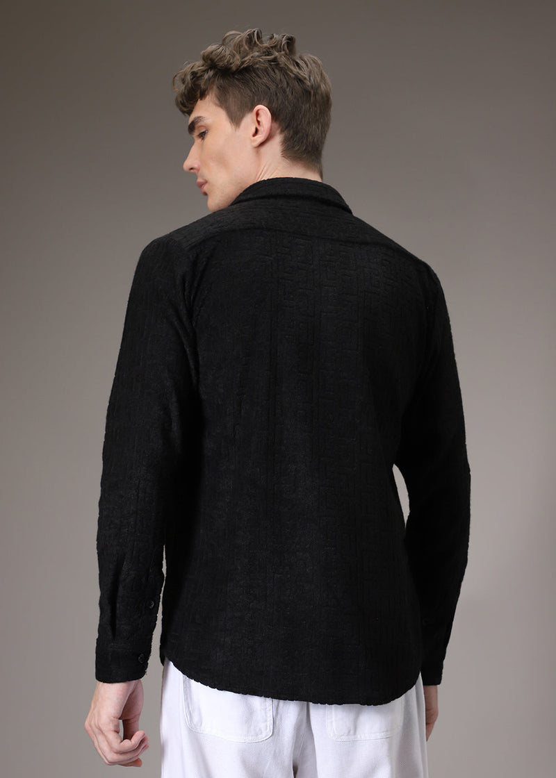 Black Plain Jacquard Knitted Shirt