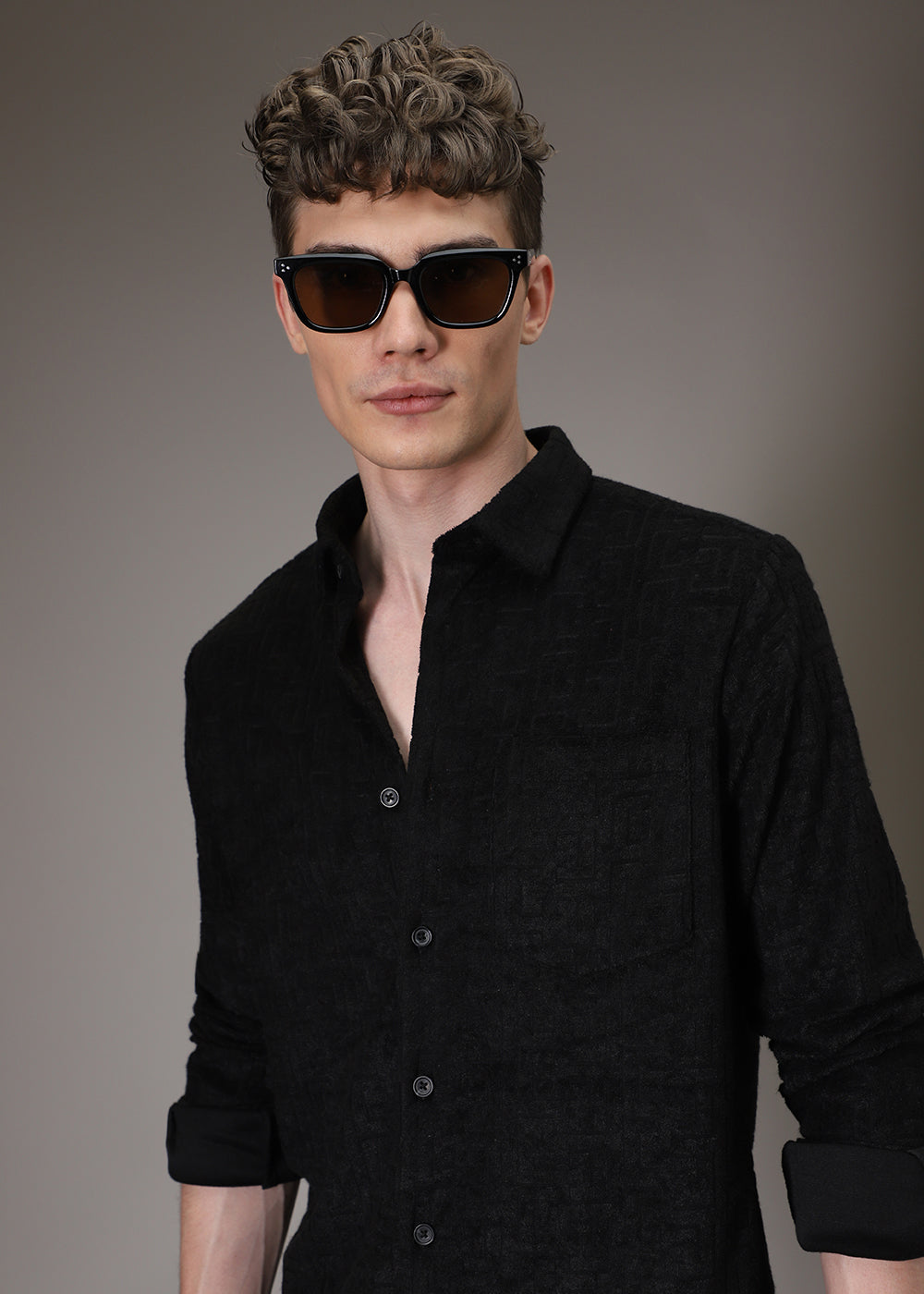 Black Plain Jacquard Knitted Shirt