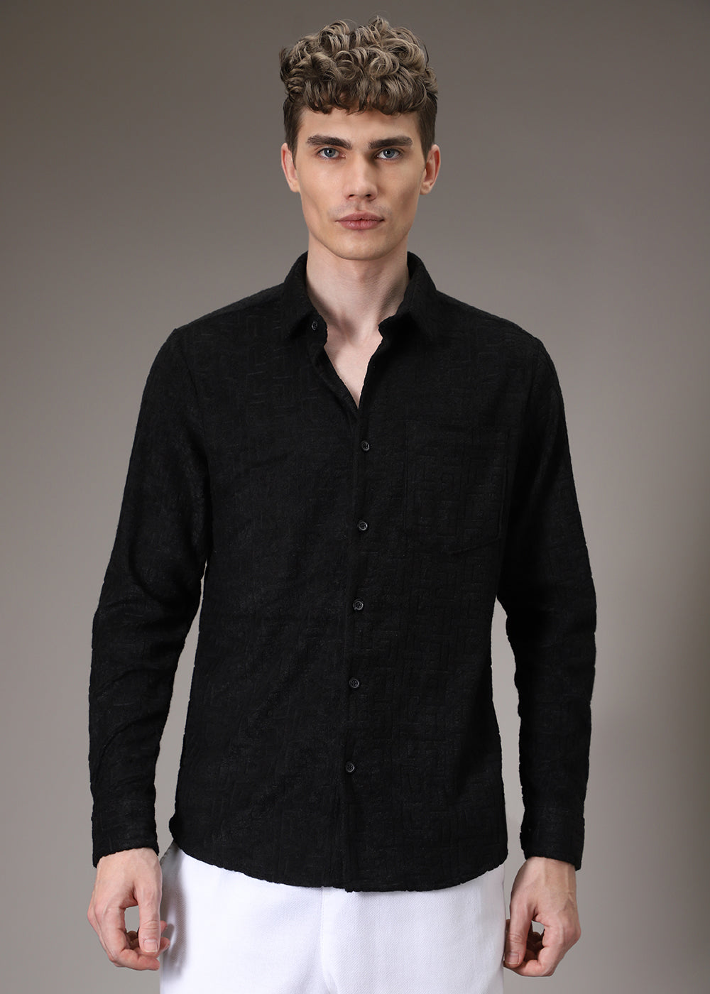 Black Plain Jacquard Knitted Shirt