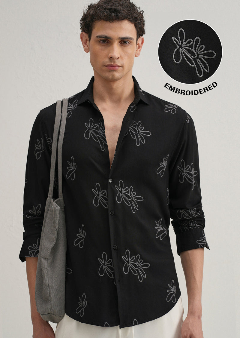 Black Abstract Floral Embroidery Shirt