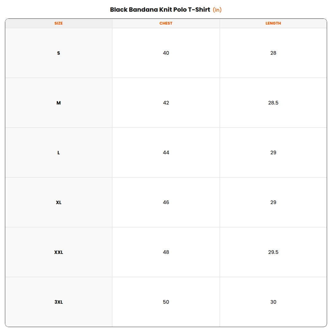 Size chart - Black Bandana Knit Polo T-Shirt