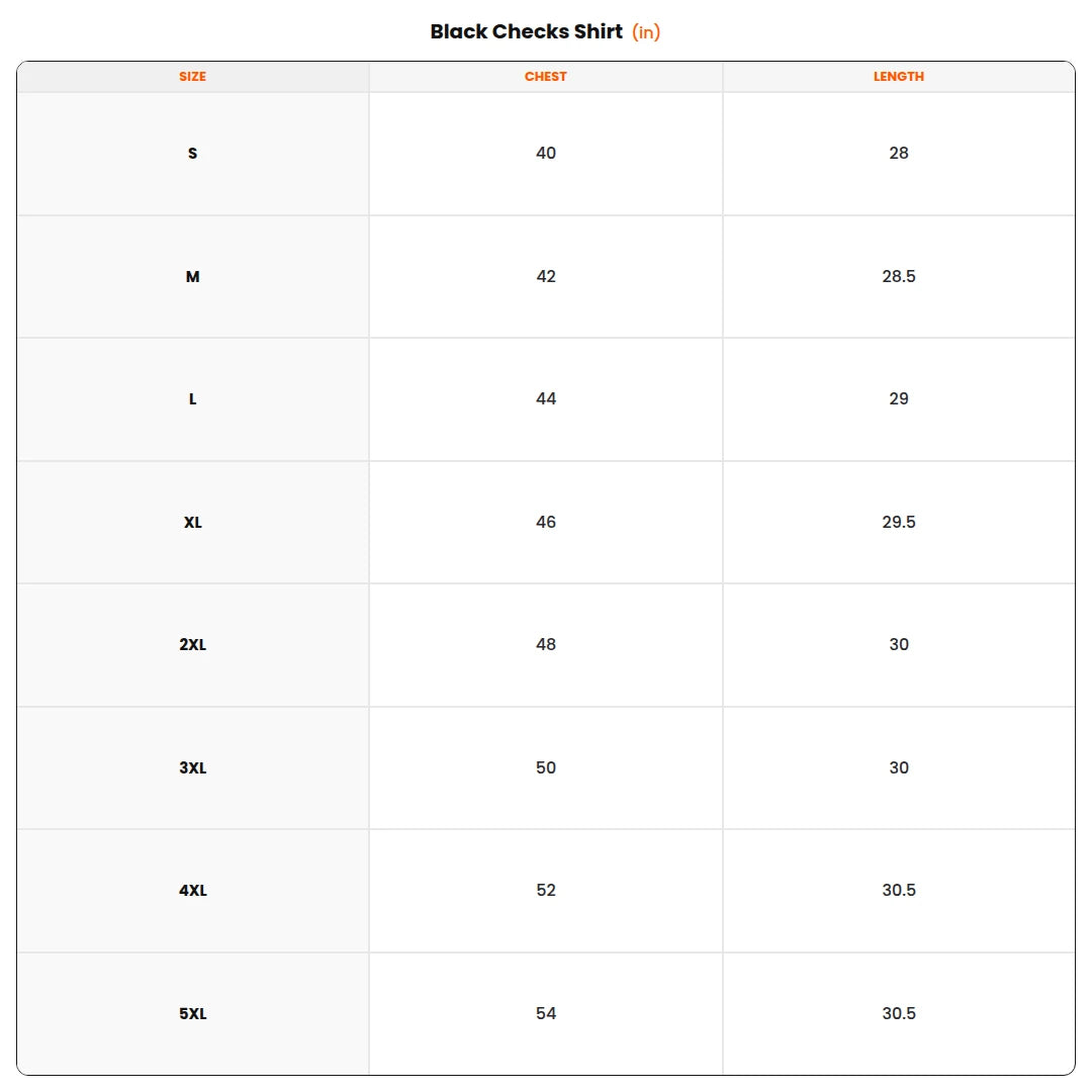 Size chart - Black Checks Shirt