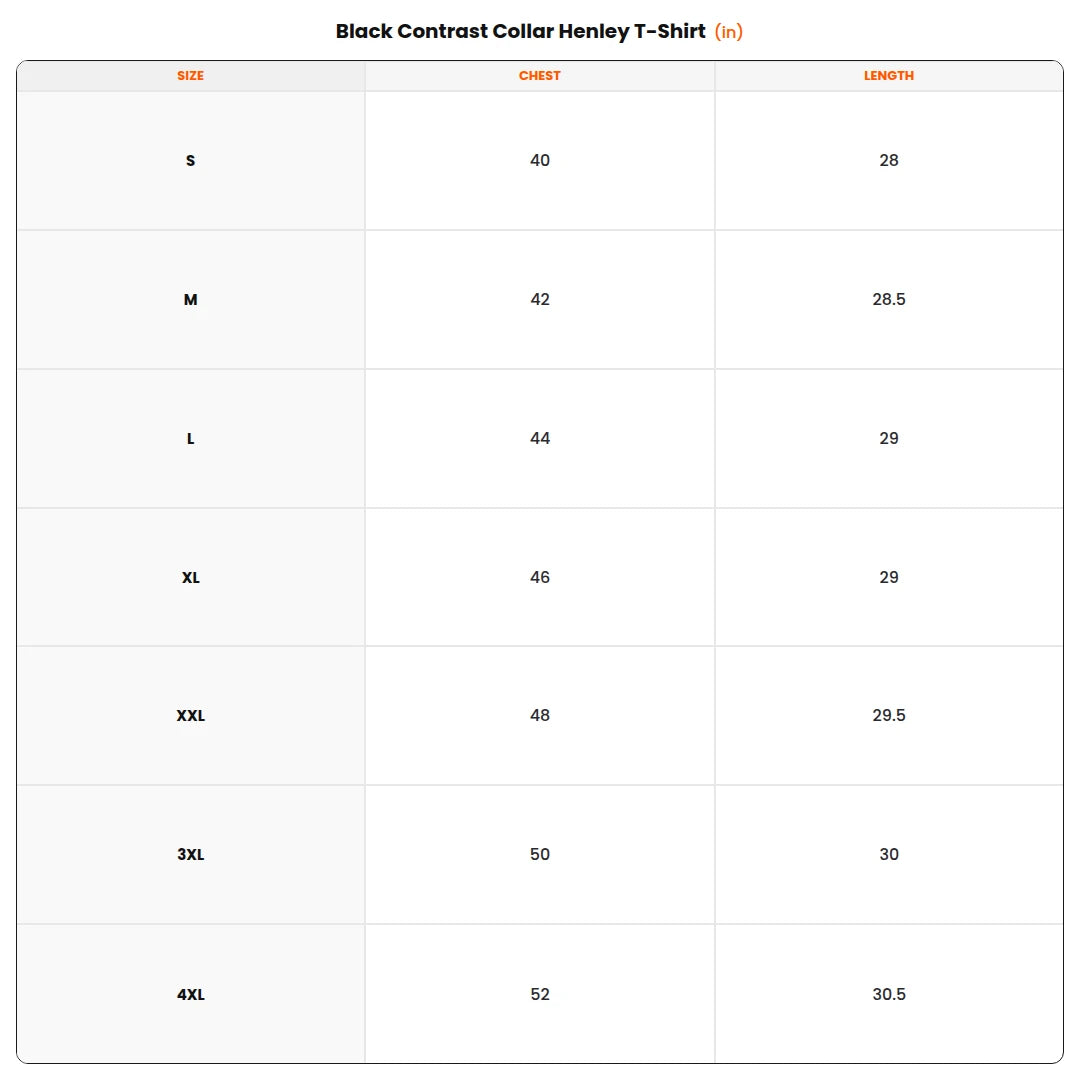 Size chart - Black Contrast Collar Henley T-Shirt