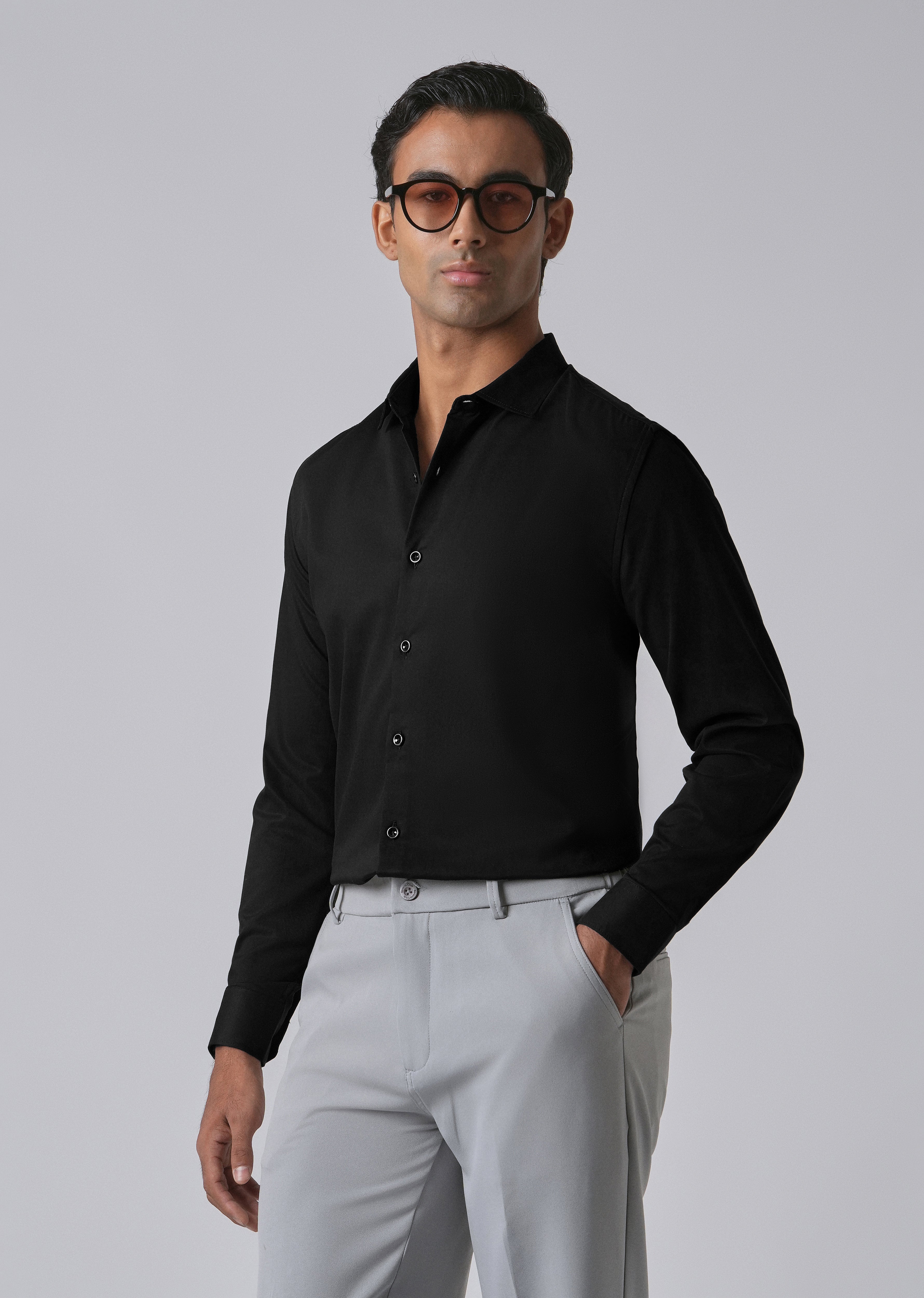Black Cotton Stretch Plain Shirt