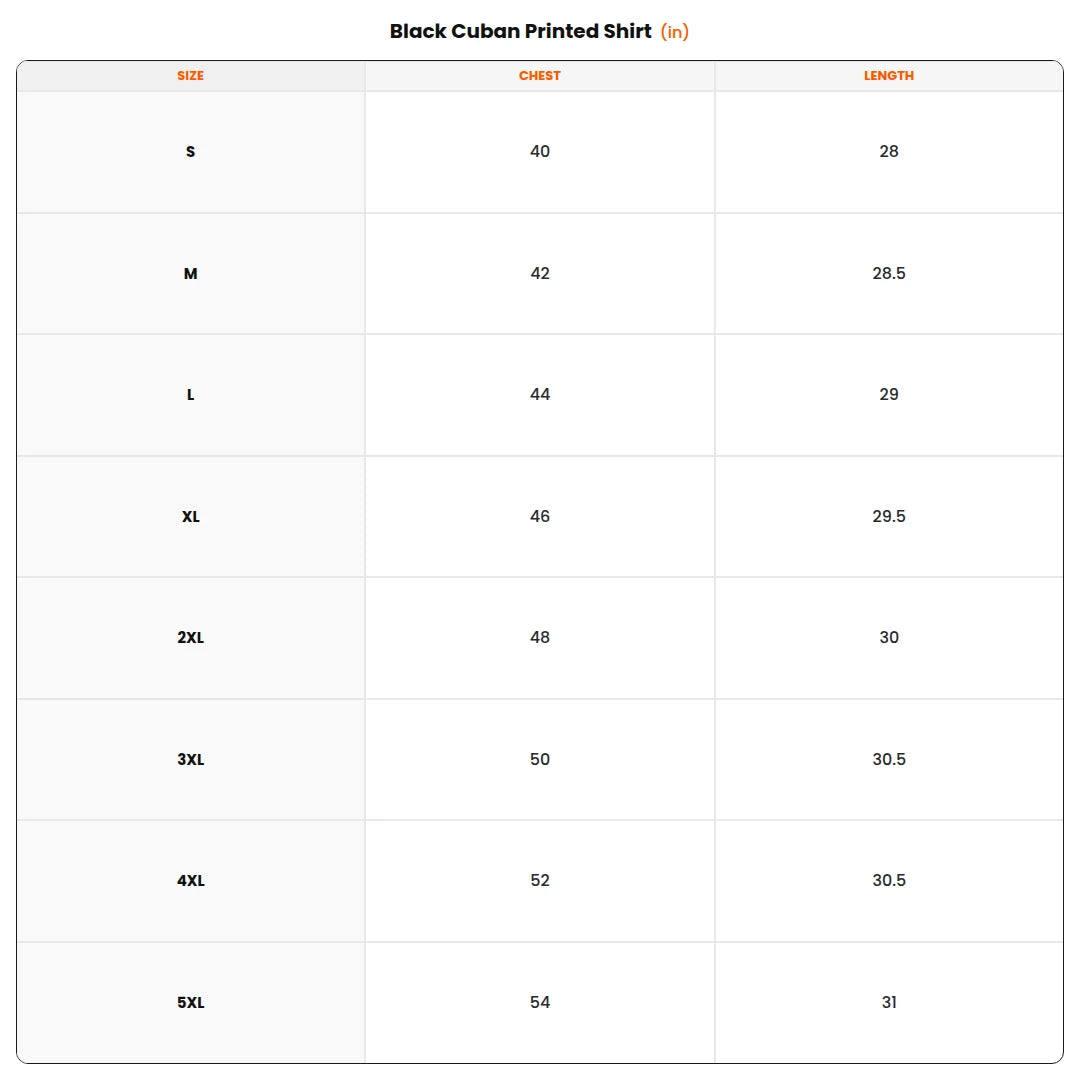 Size chart - Black Cuban Printed Shirt