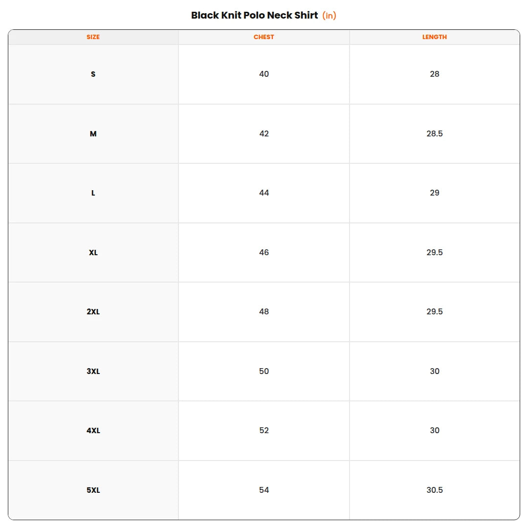 Size chart - Black Knit Polo Neck Shirt