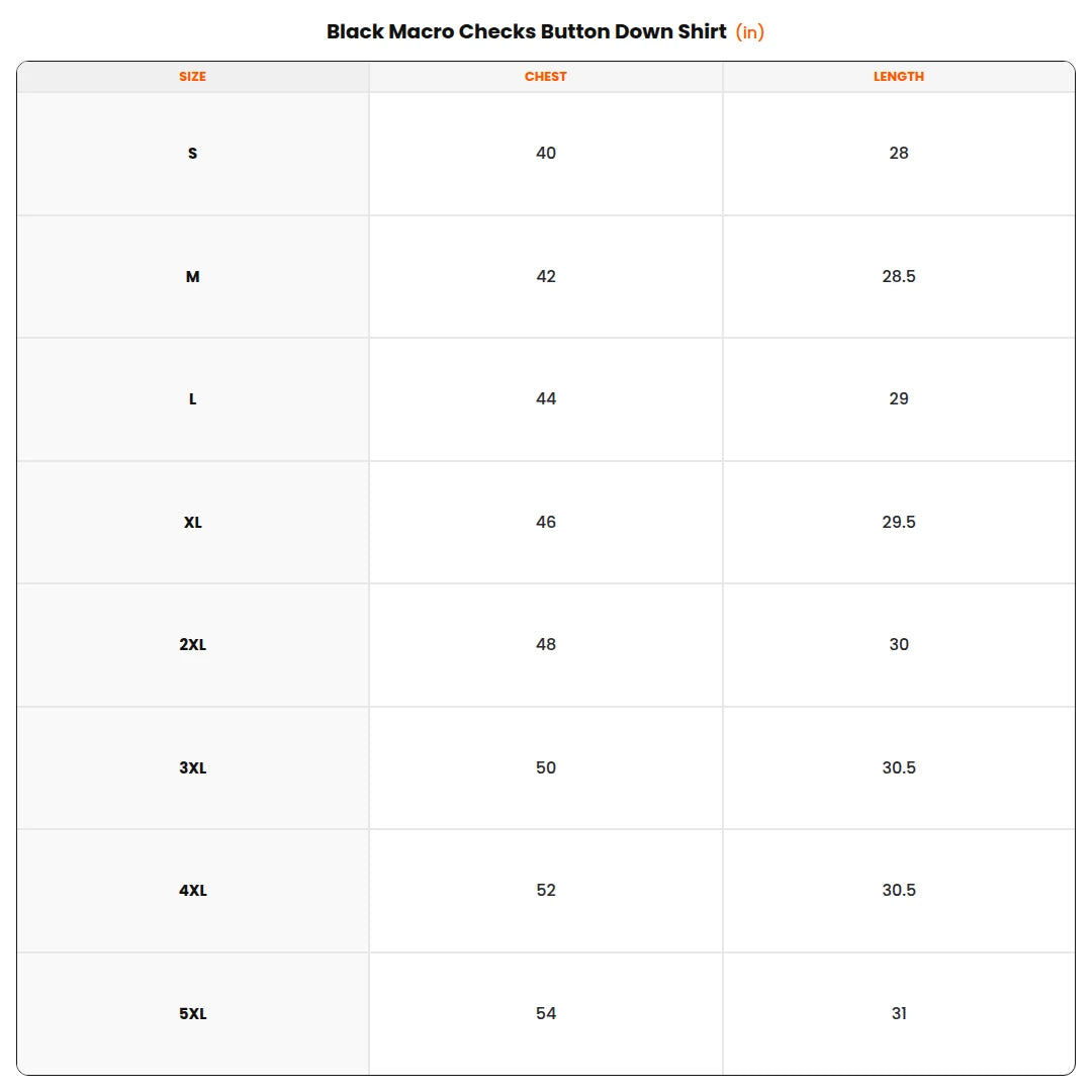 Size chart - Black Macro Checks Button Down Shirt