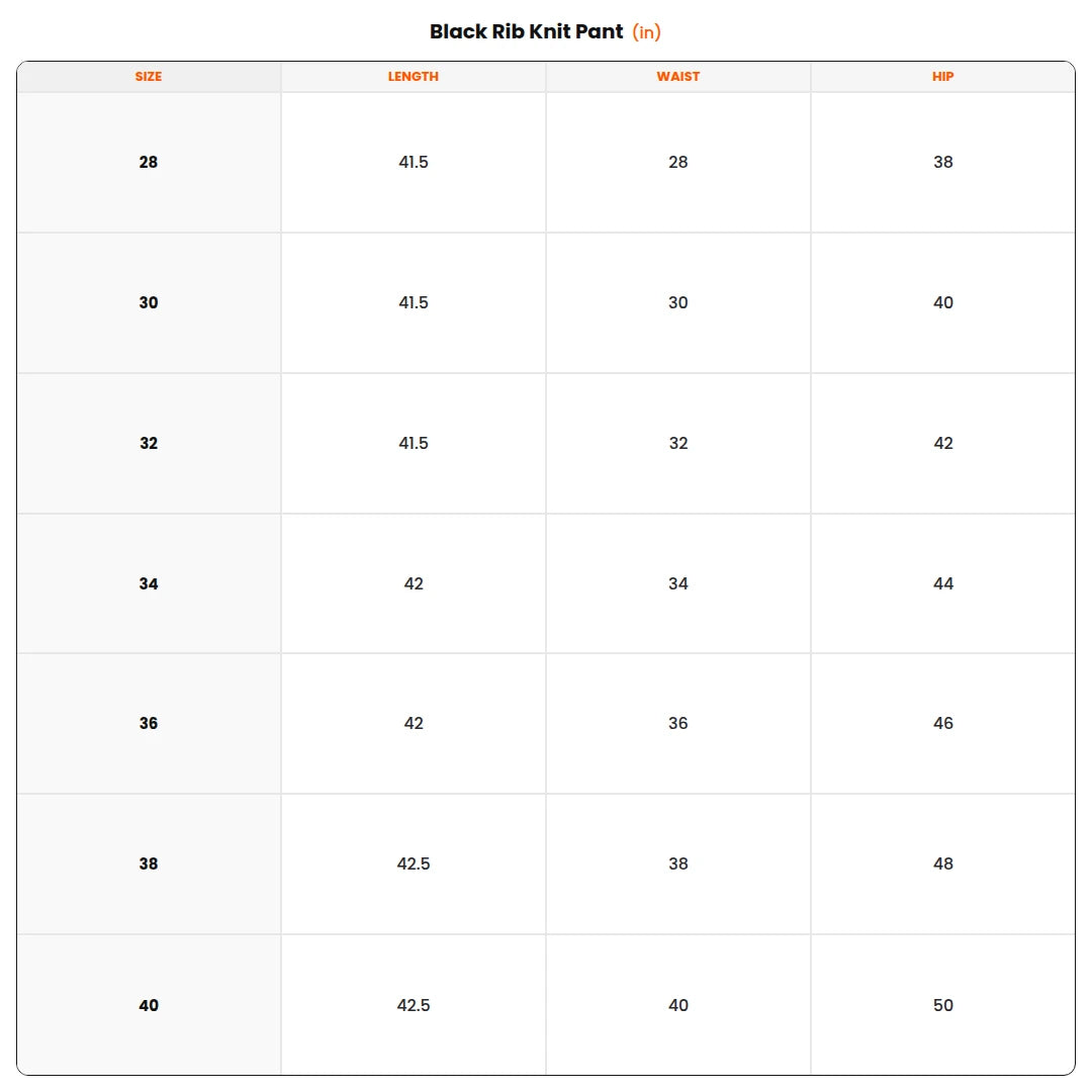 Size chart - Black Rib Knit Pant