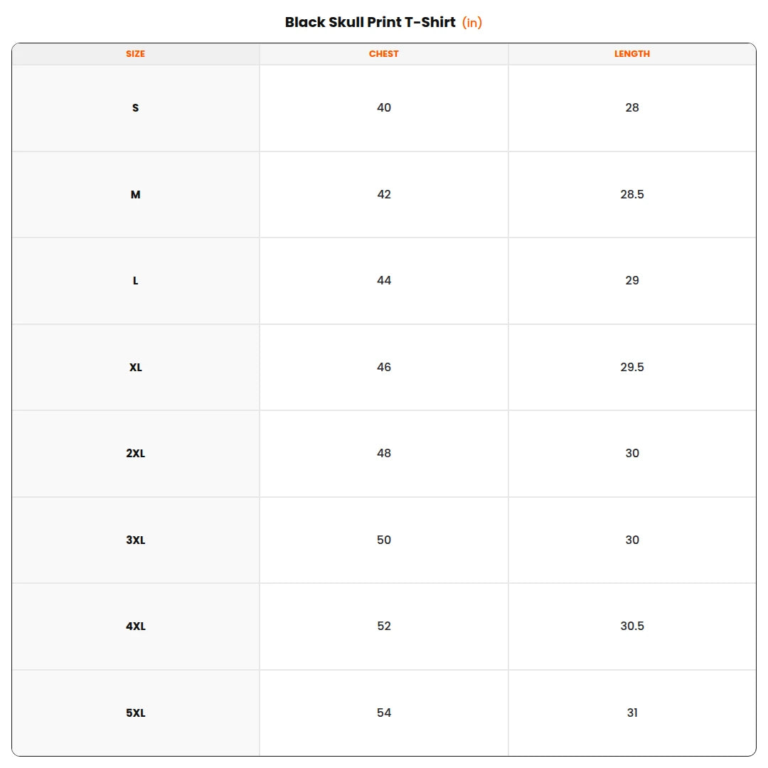 Size chart - Black Skull Print T-Shirt