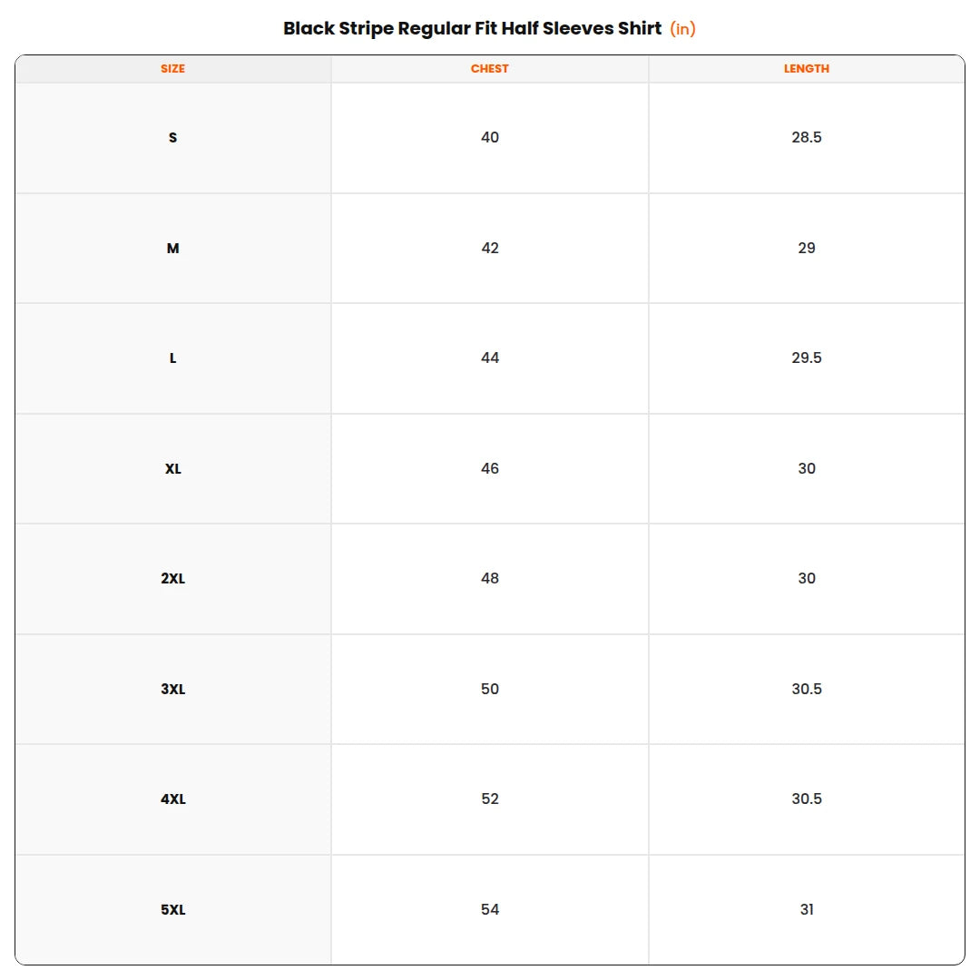 Size chart - Black Stripe Regular Fit Half Sleeves Shirt