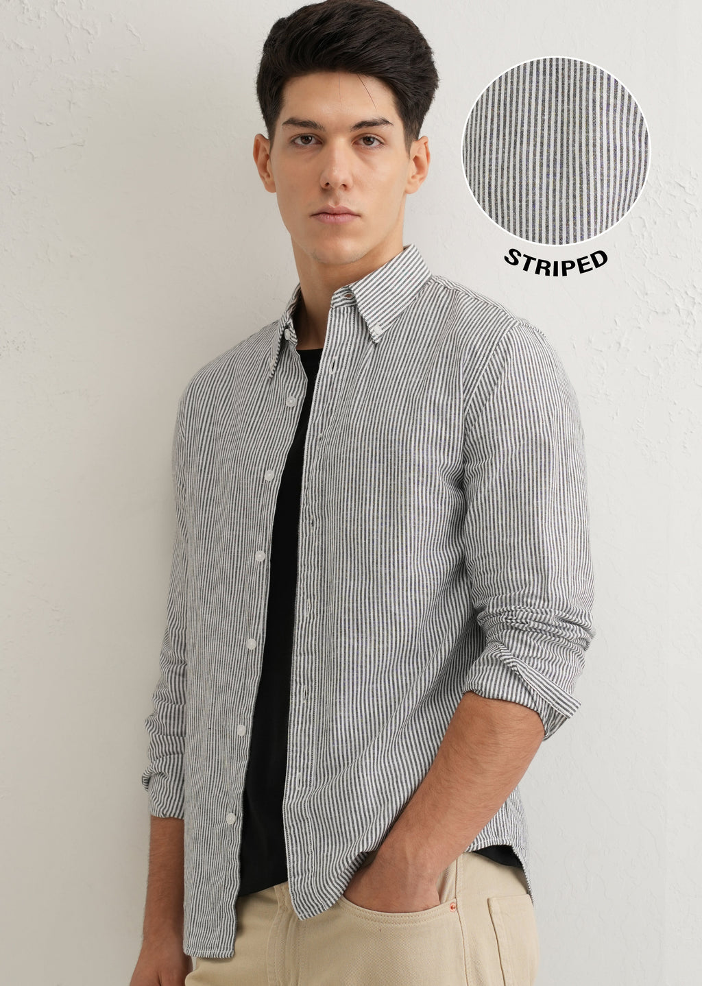 Black Striped Cotton Linen Shirt