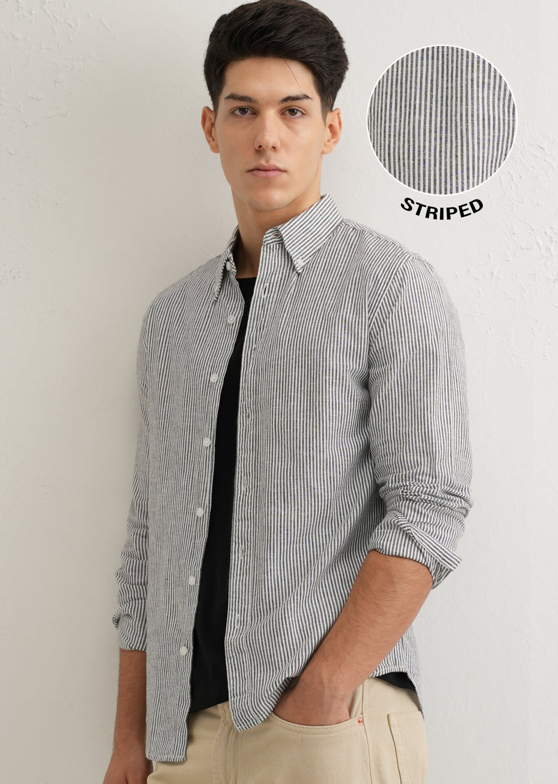 Black Striped Cotton Linen Shirt