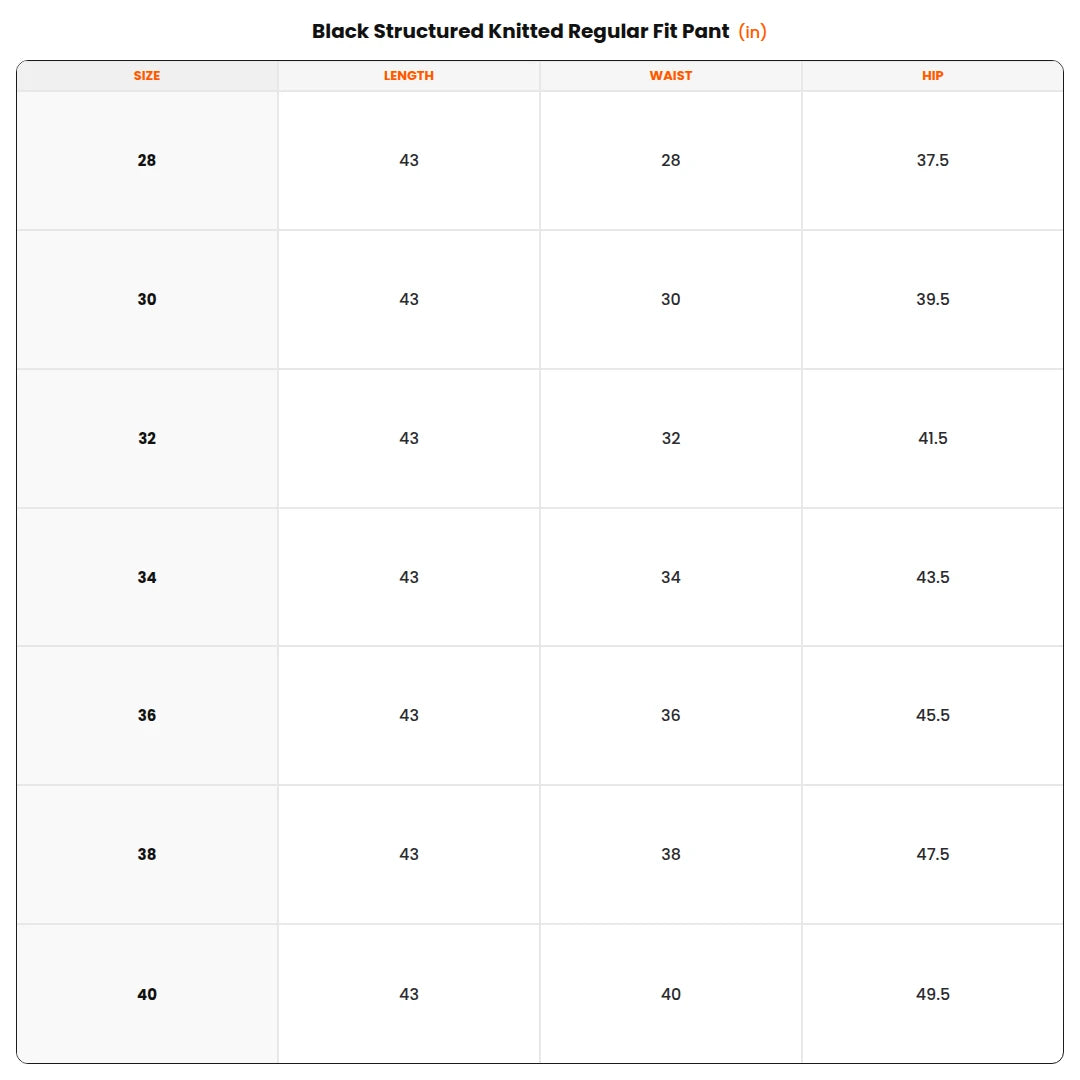 Size chart - Black Structured Knitted Regular Fit Pant