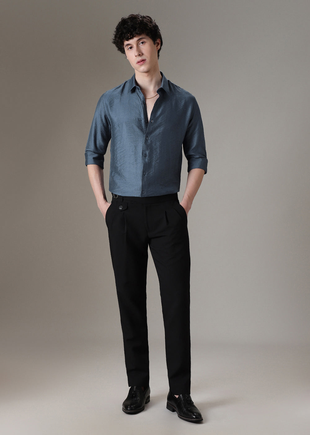 Blue Plain Crushed Satin Shirt