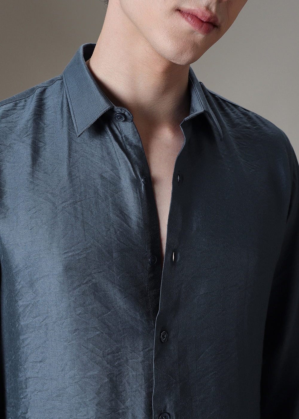 Blue Plain Crushed Satin Shirt