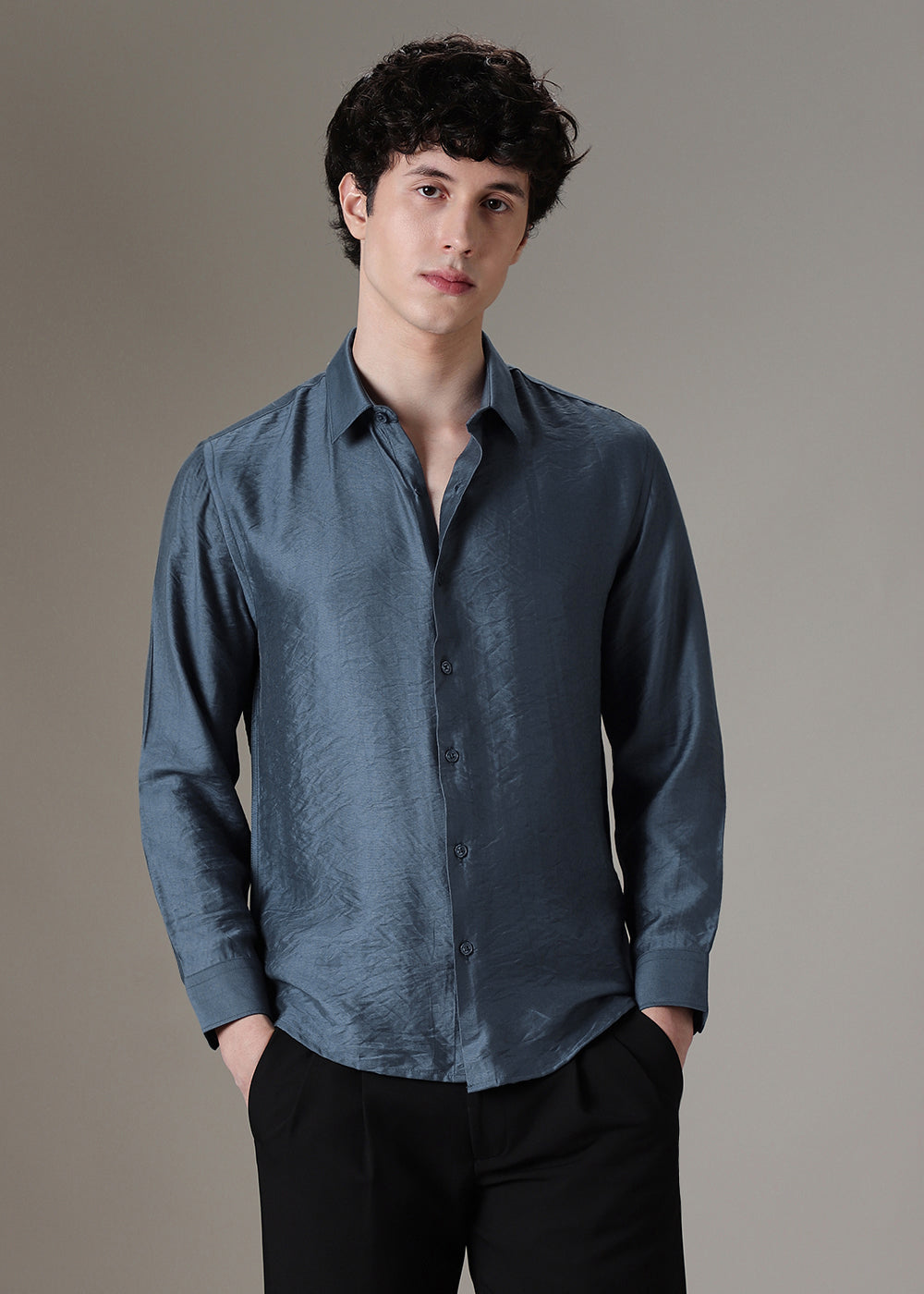 Blue Plain Crushed Satin Shirt