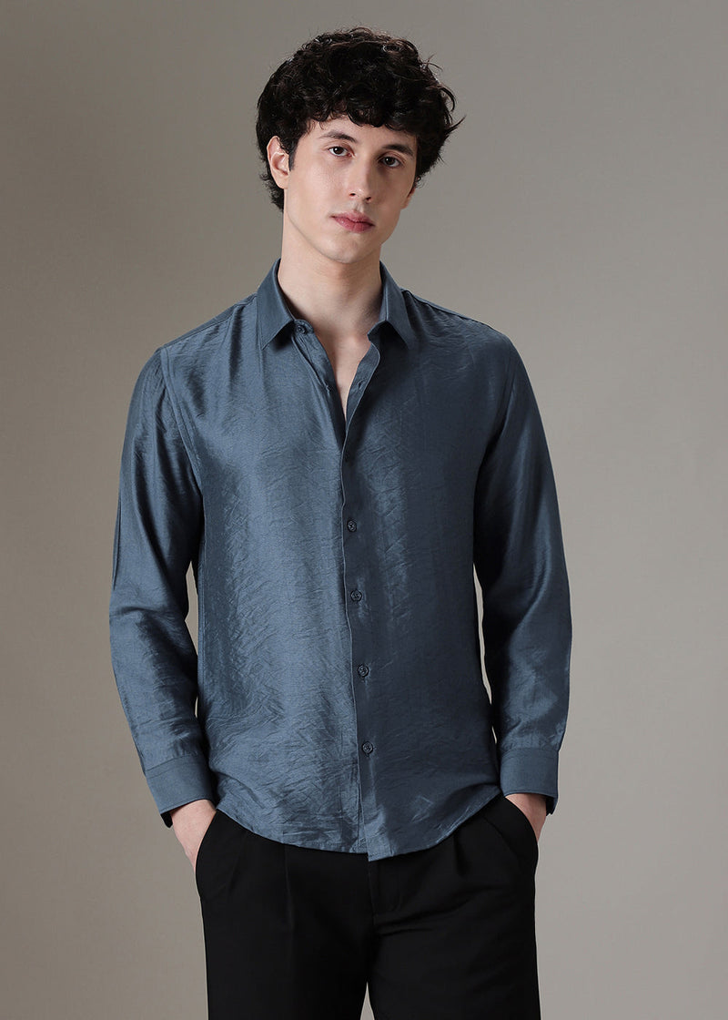Blue Plain Crushed Satin Shirt
