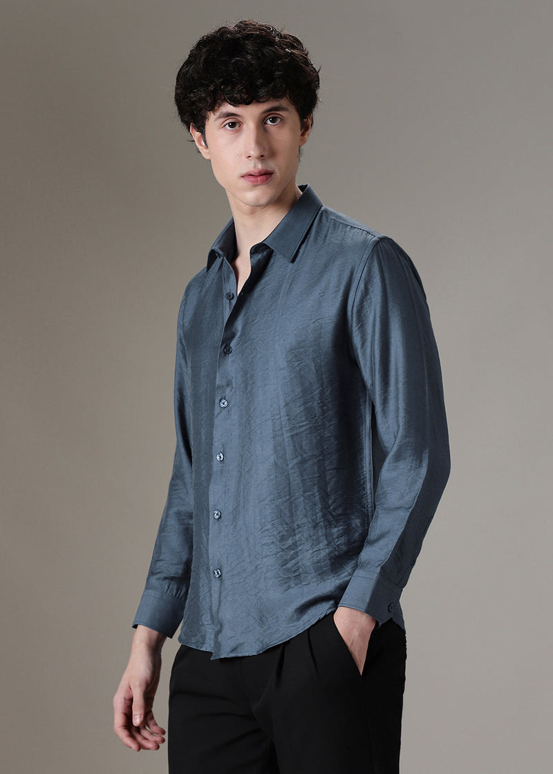 Blue Plain Crushed Satin Shirt