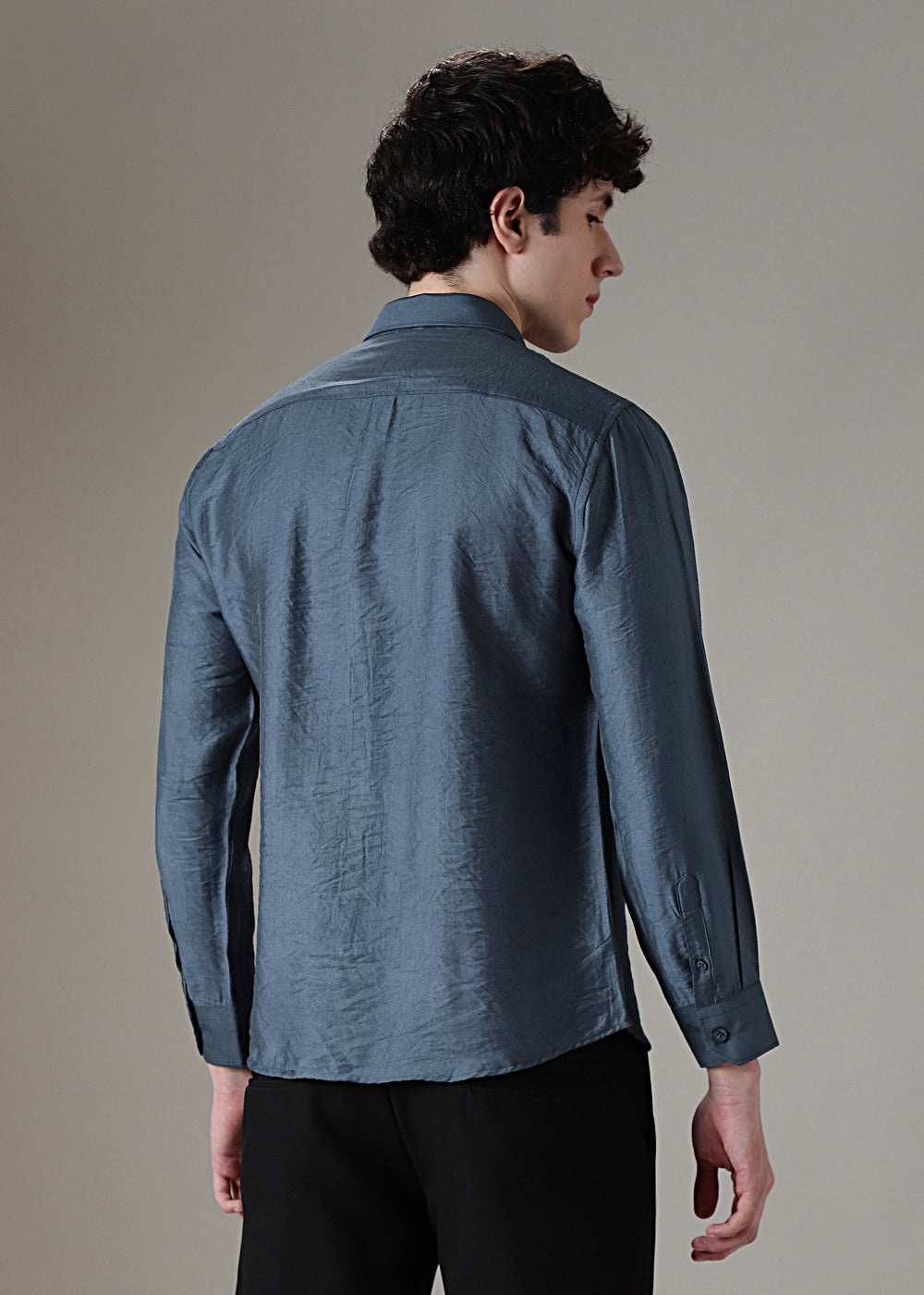 Blue Plain Crushed Satin Shirt