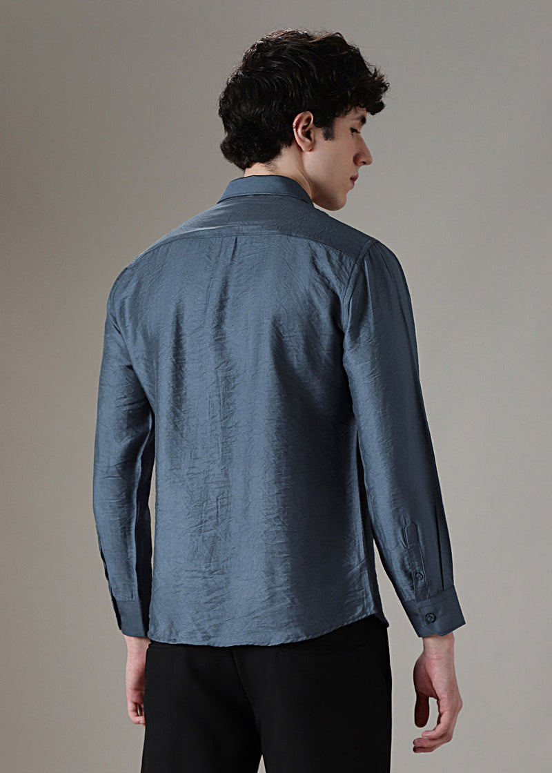 Blue Plain Crushed Satin Shirt