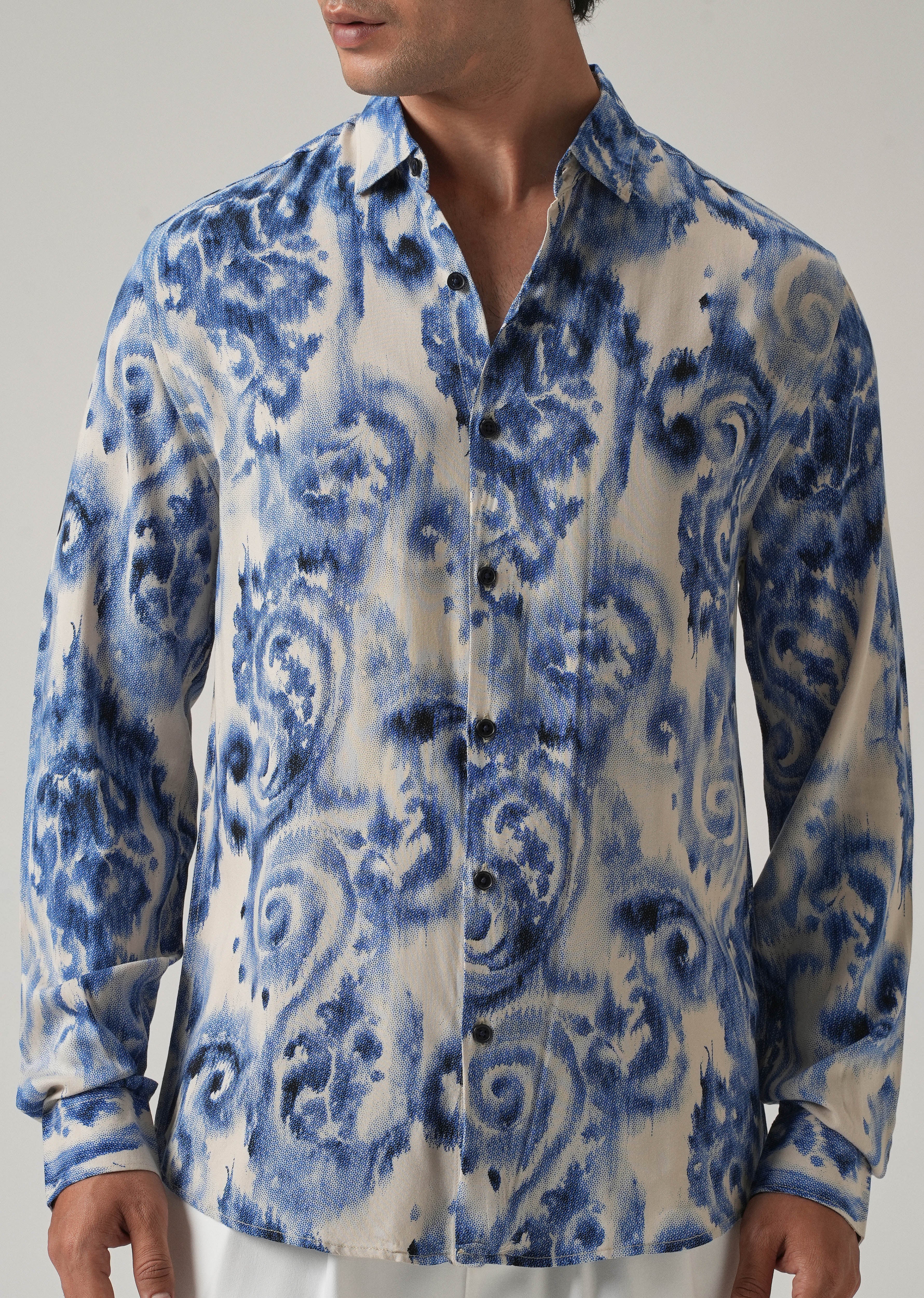 Blue Distort Paisley Print Feather Shirt