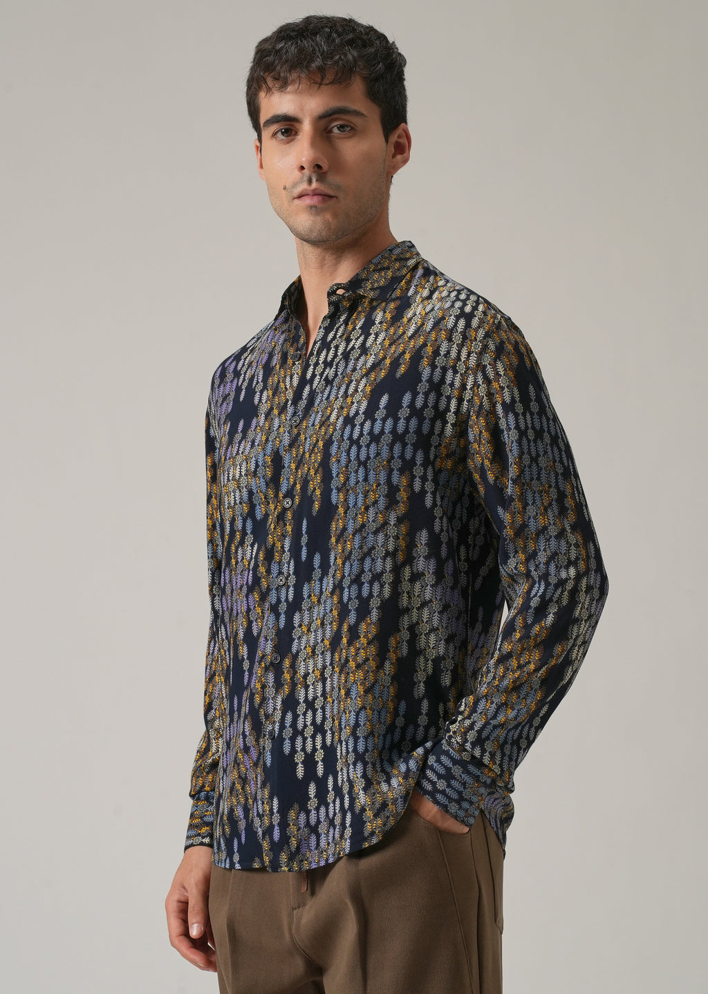 Blue Ethnic Print Feather Shirt