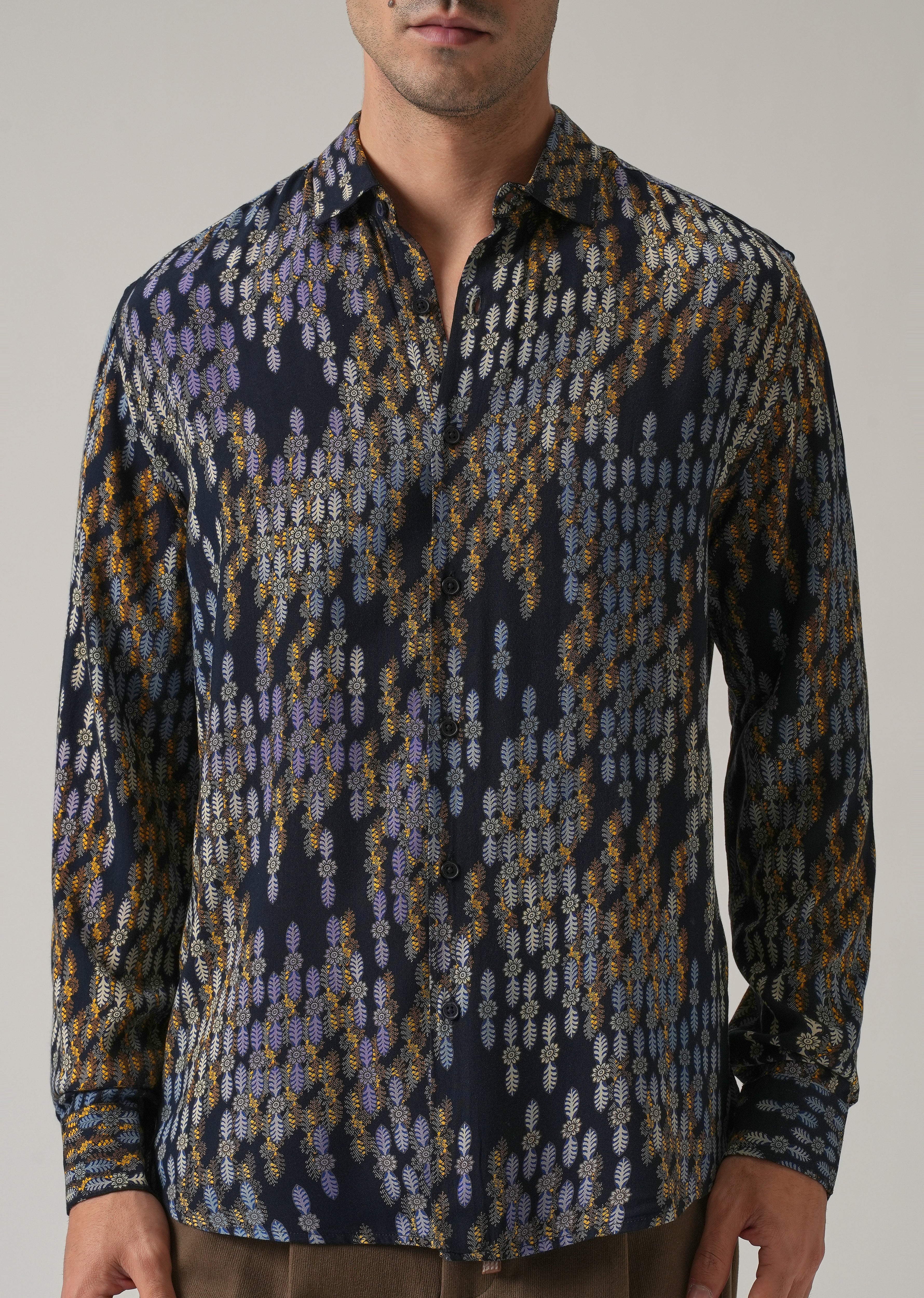 Blue Ethnic Print Feather Shirt