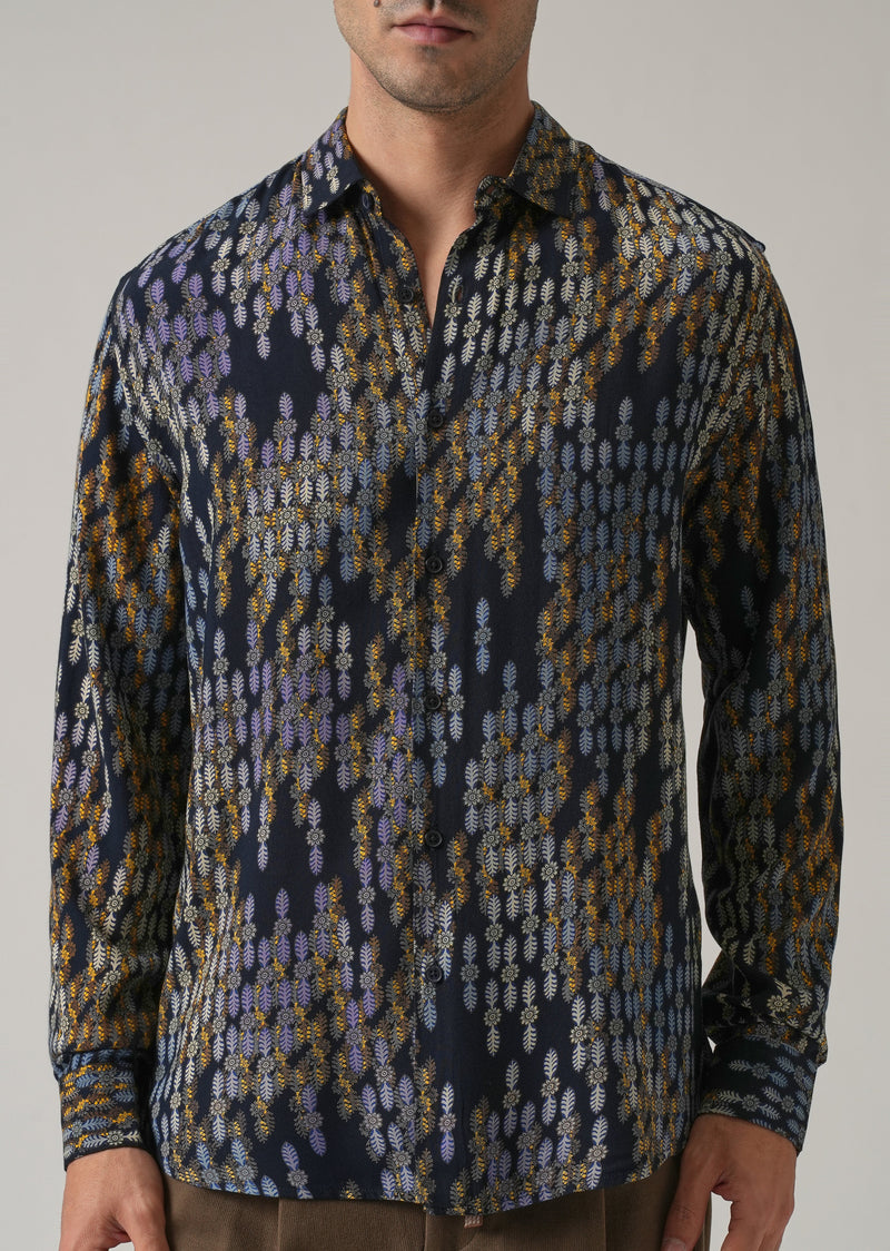 Blue Ethnic Print Feather Shirt