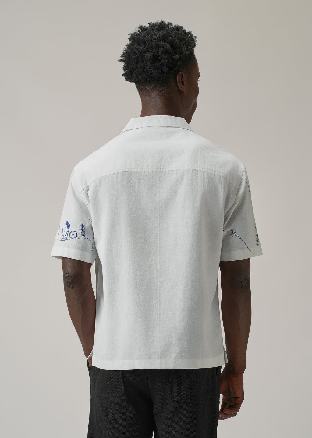 Blue Floral Embroidery Linen Shirt