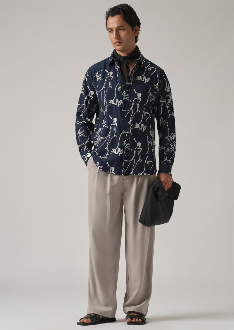 Blue Line Art Embroidery Shirt