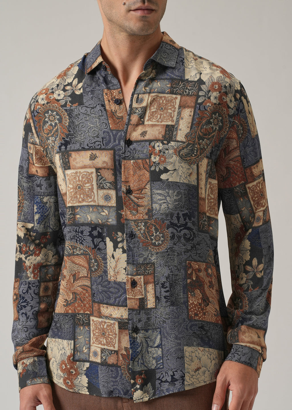 Blue Mosaic Print Feather Shirt