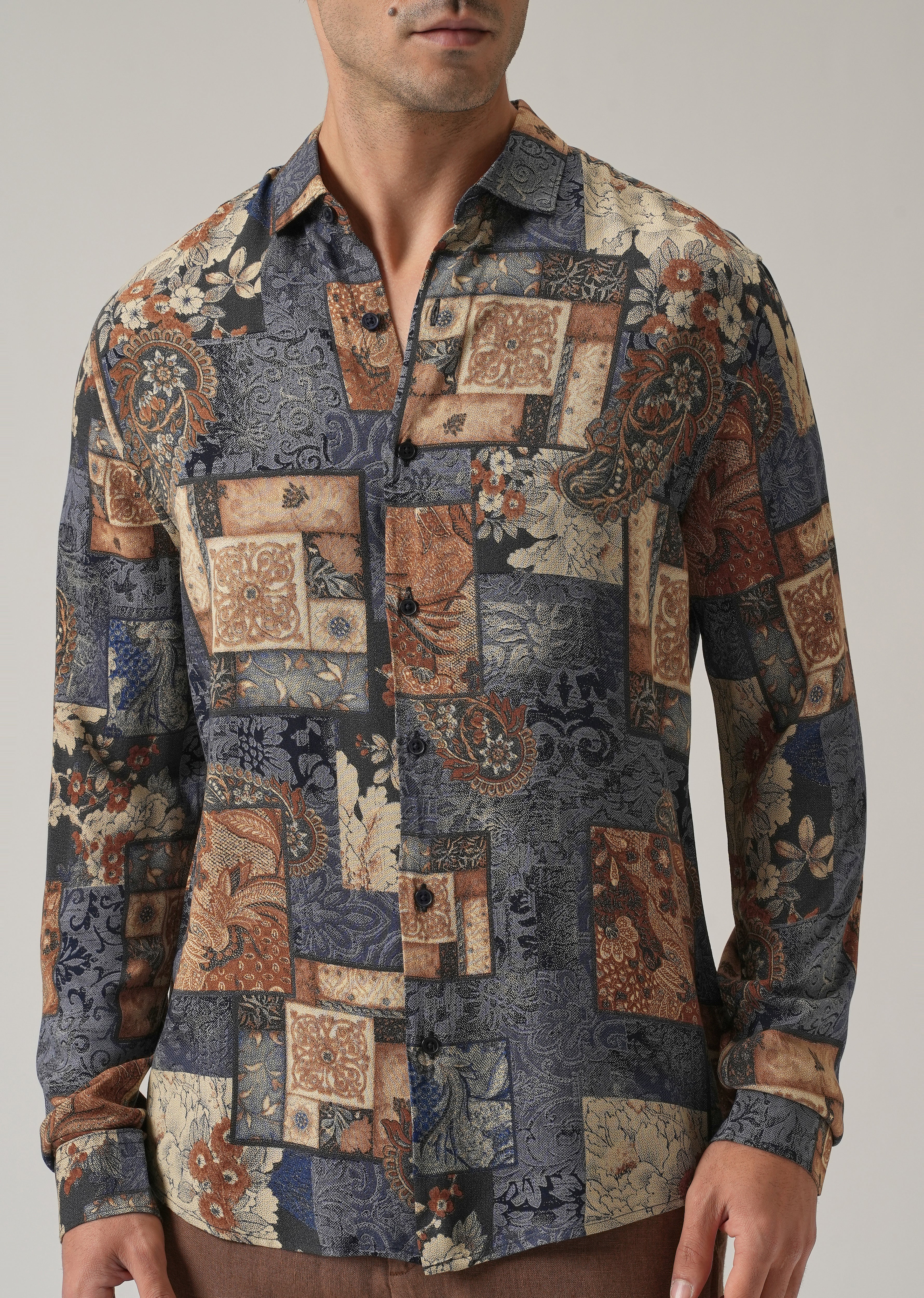 Blue Mosaic Print Feather Shirt