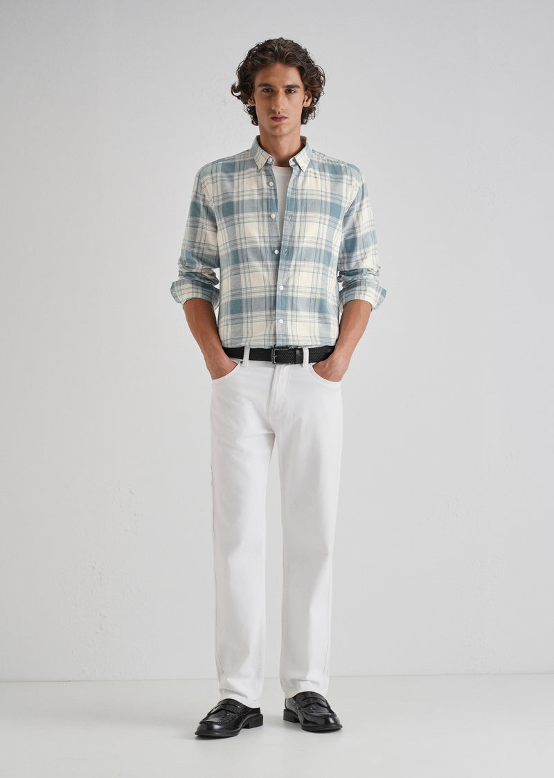Blue Plaid Checked Cotton Linen Shirt