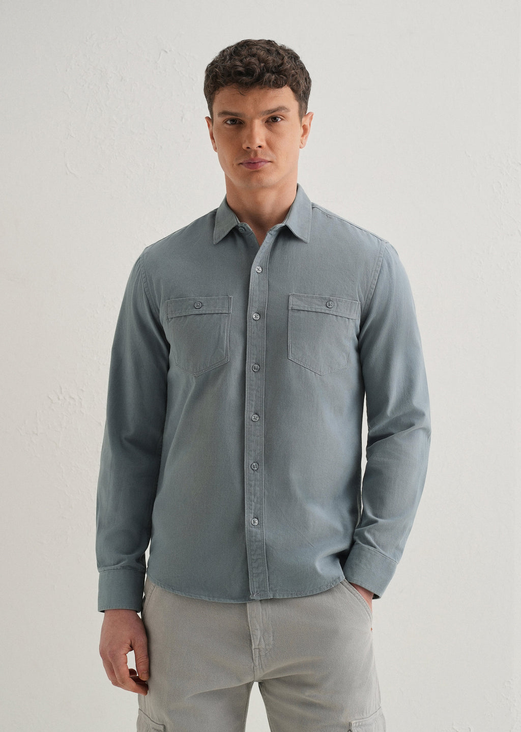 Blue Plain Double Pocket Shirt
