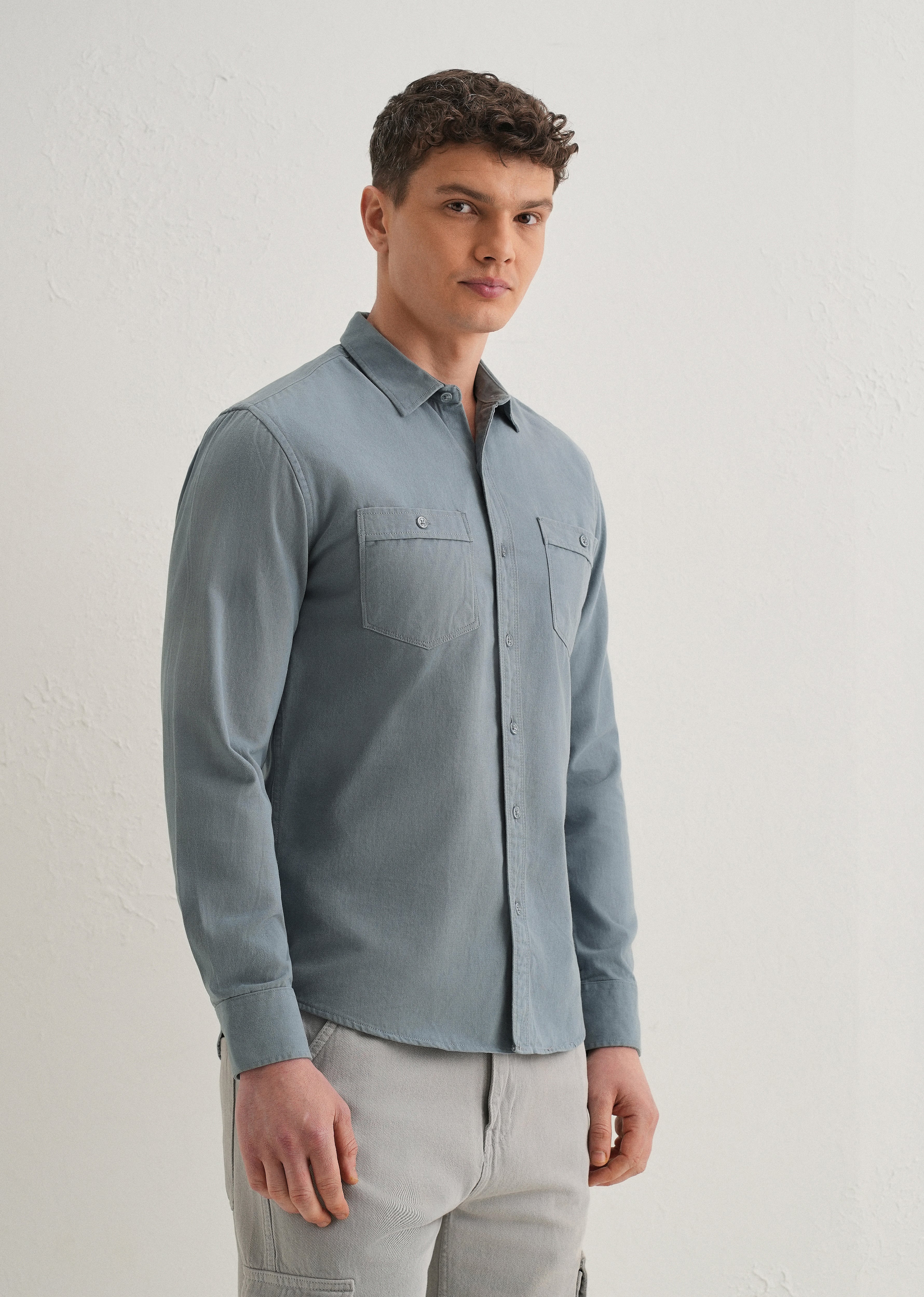 Blue Plain Double Pocket Shirt