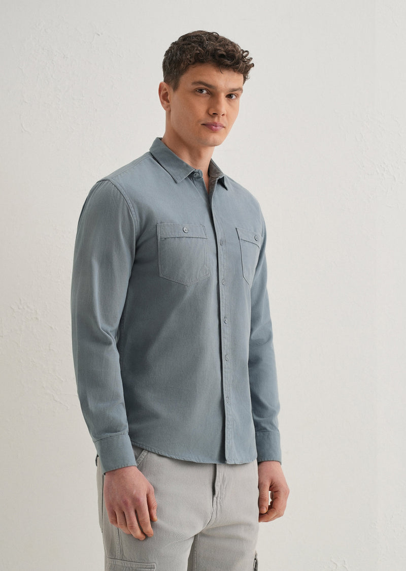 Blue Plain Double Pocket Shirt