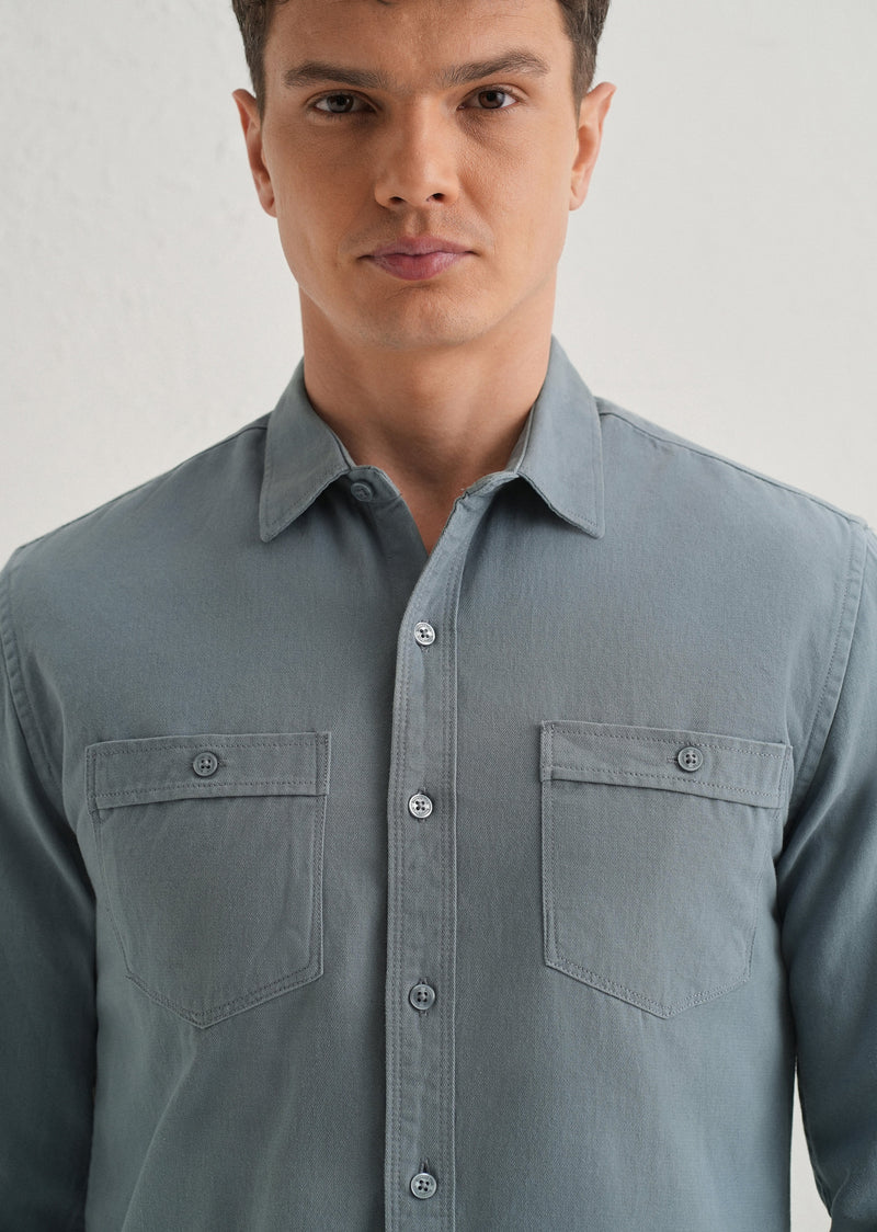 Blue Plain Double Pocket Shirt