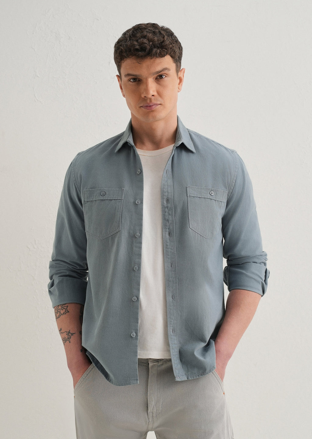 Blue Plain Double Pocket Shirt