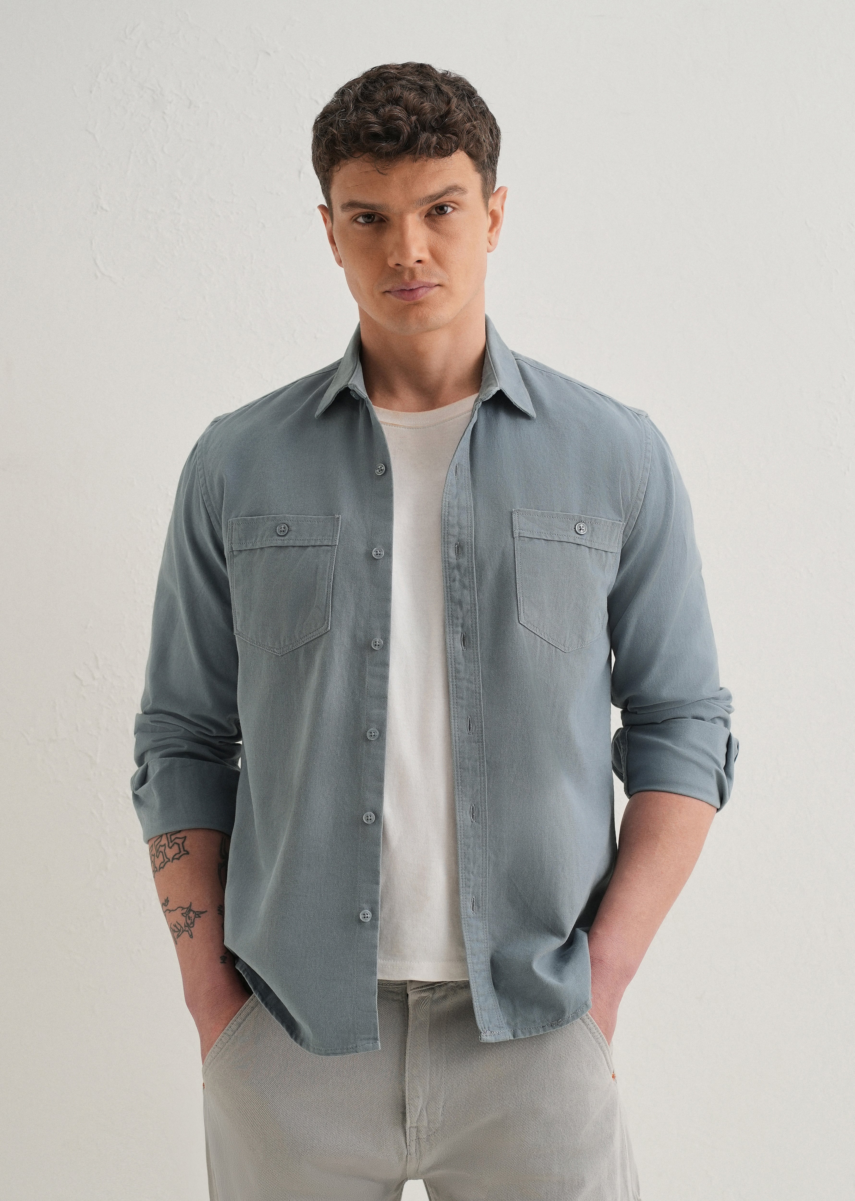 Blue Plain Double Pocket Shirt