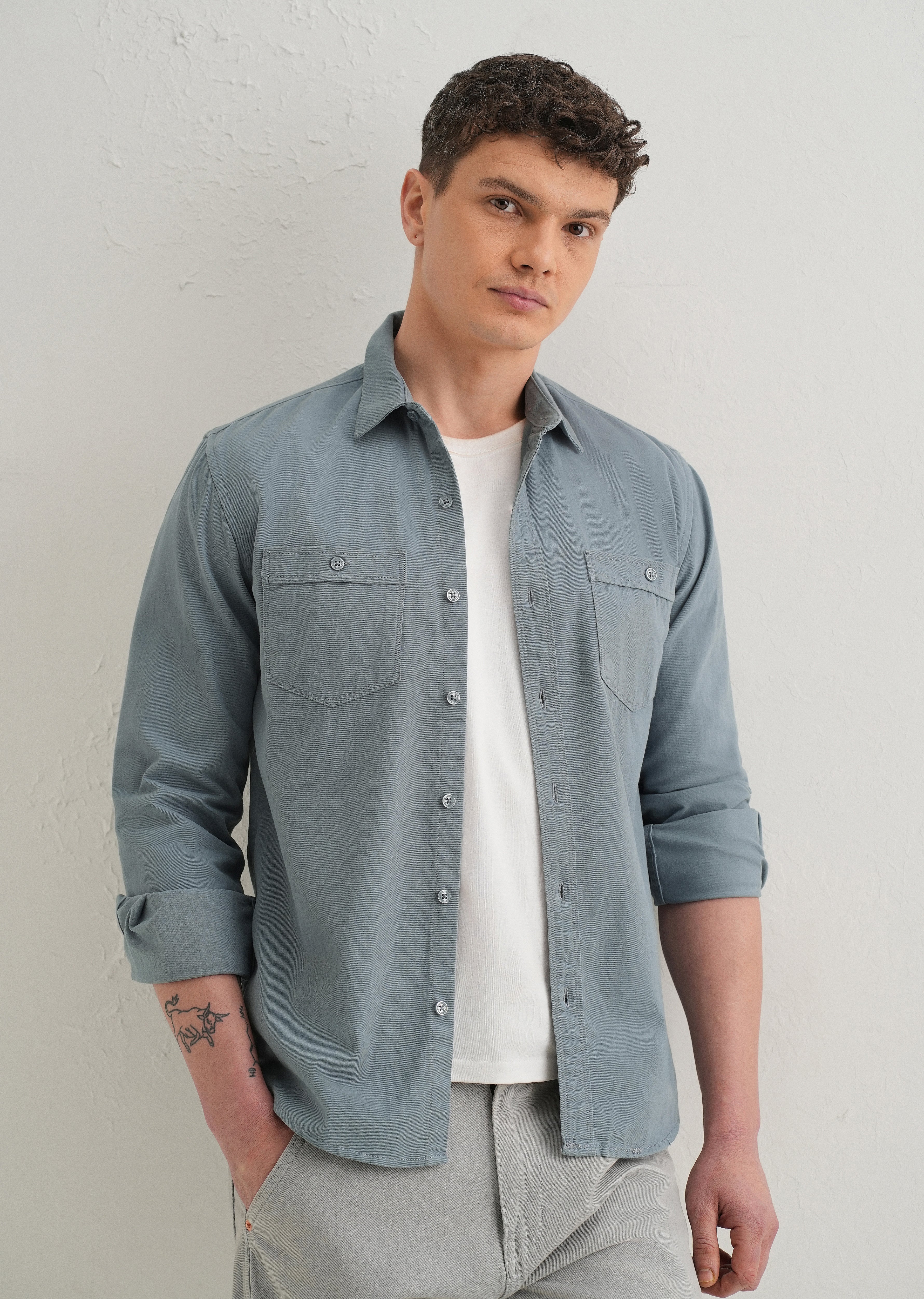 Blue Plain Double Pocket Shirt