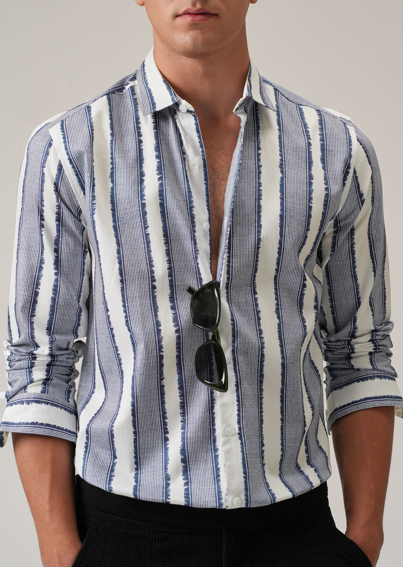 Blue Textured Stripe Print Shirt